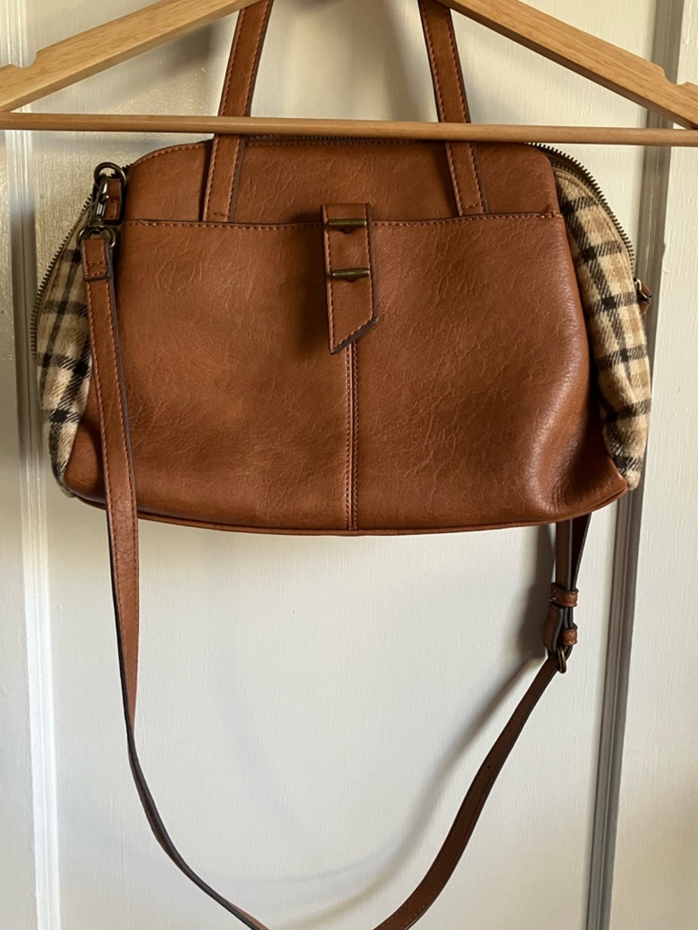 Brown Leather Crossbody Bag with Plaid Sides